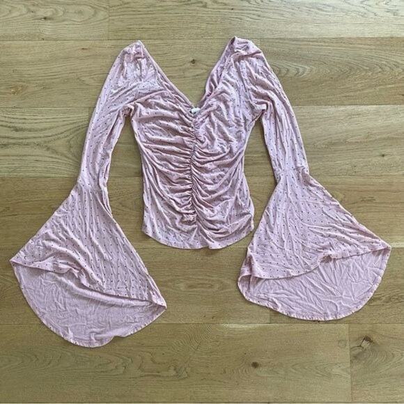We The Free Ruched Front Bell Sleeve Top in Blush Pink Polka Dot - Picture 1 of 4